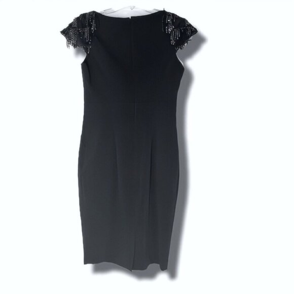Mohito Black Cap Sleeve Mid Length Cocktail Lined Dress Sequin Shoulder Tassles - Picture 1 of 8